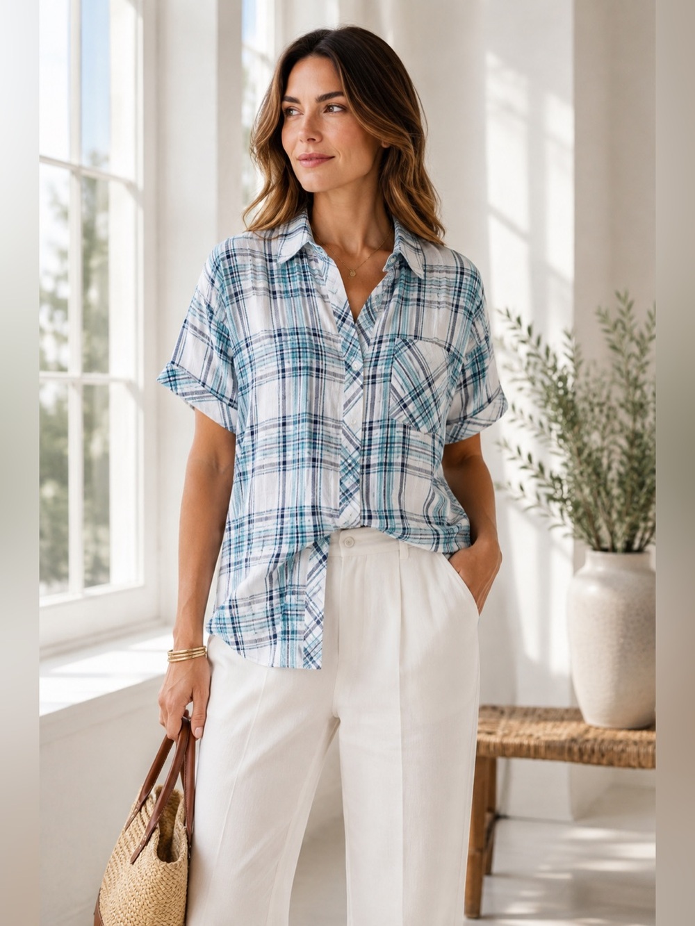 Finley Charlie Blue White Plaid Cotton Shirt Size Large NWOT